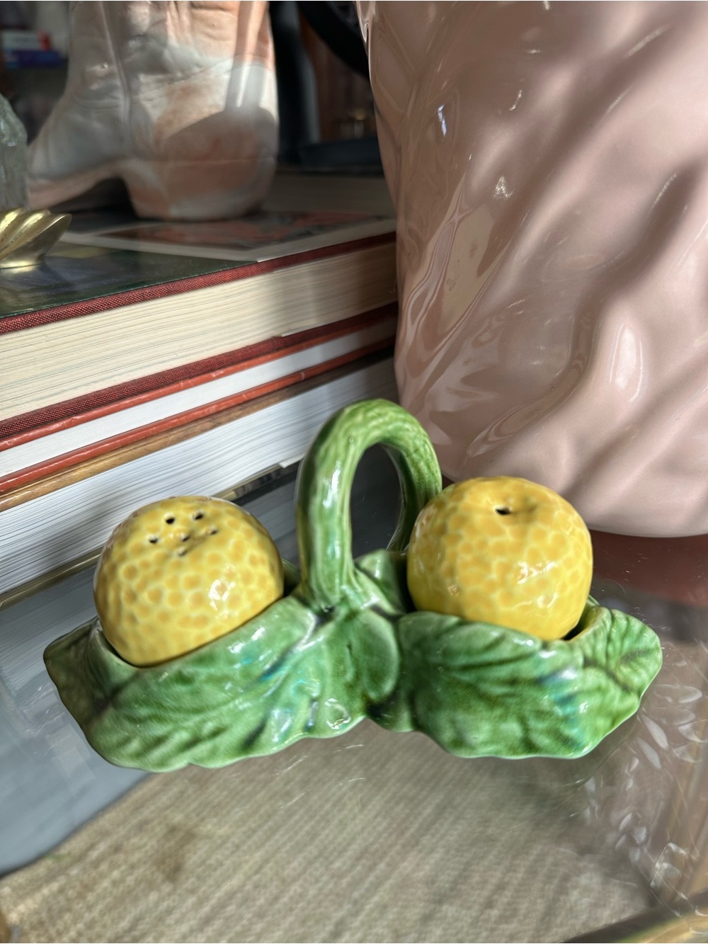 Ceramic Lemon Salt & Pepper Shaker Set with Green Leaf Tray